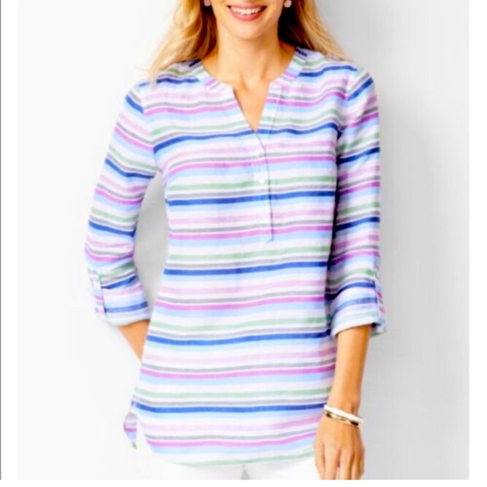 TALBOTS LINEN POPOVER STRIPED TUNIC BLOUSE - Medium - Picture 3 of 5